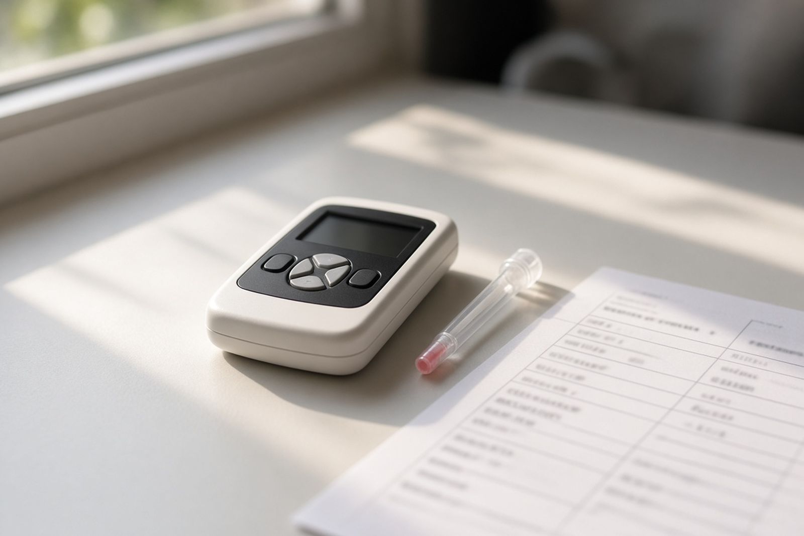 Handheld ATP meter beside a swab tube and a printed log sheet on a clean counter