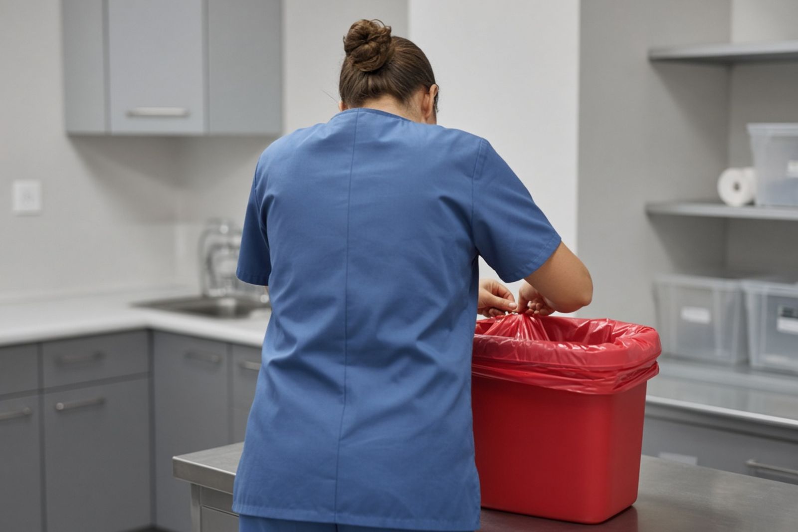 Clinic staff member seen from behind sealing a red bag inside a rigid container
