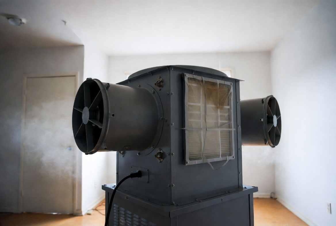 HEPA air scrubber operating inside crime scene containment