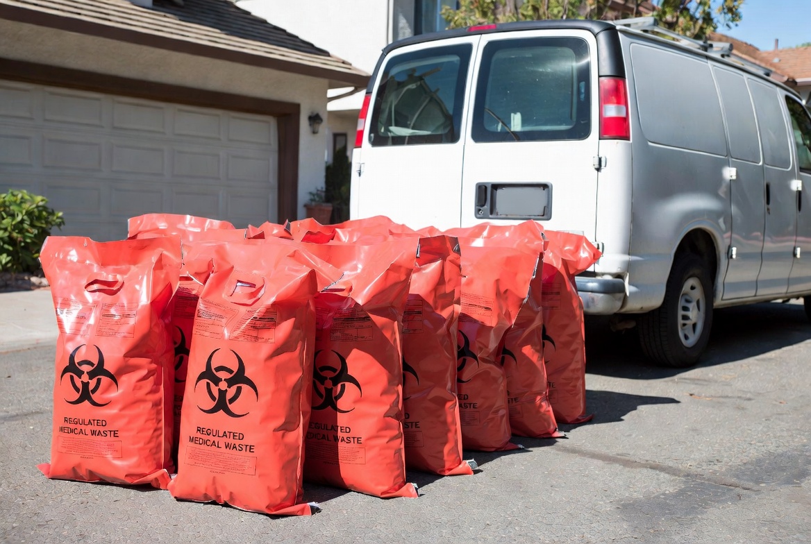 Sealed regulated biohazard waste staged for licensed transport