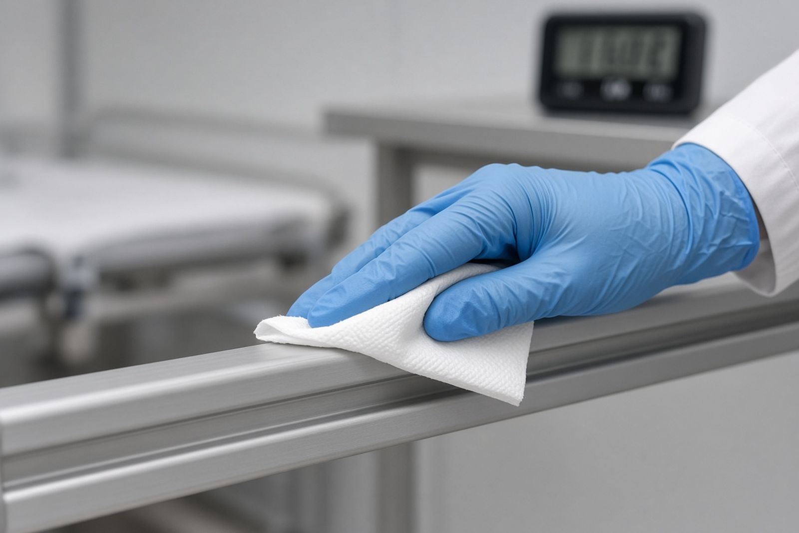 Gloved hand wiping a stretcher rail with a disinfectant wipe while a timer runs