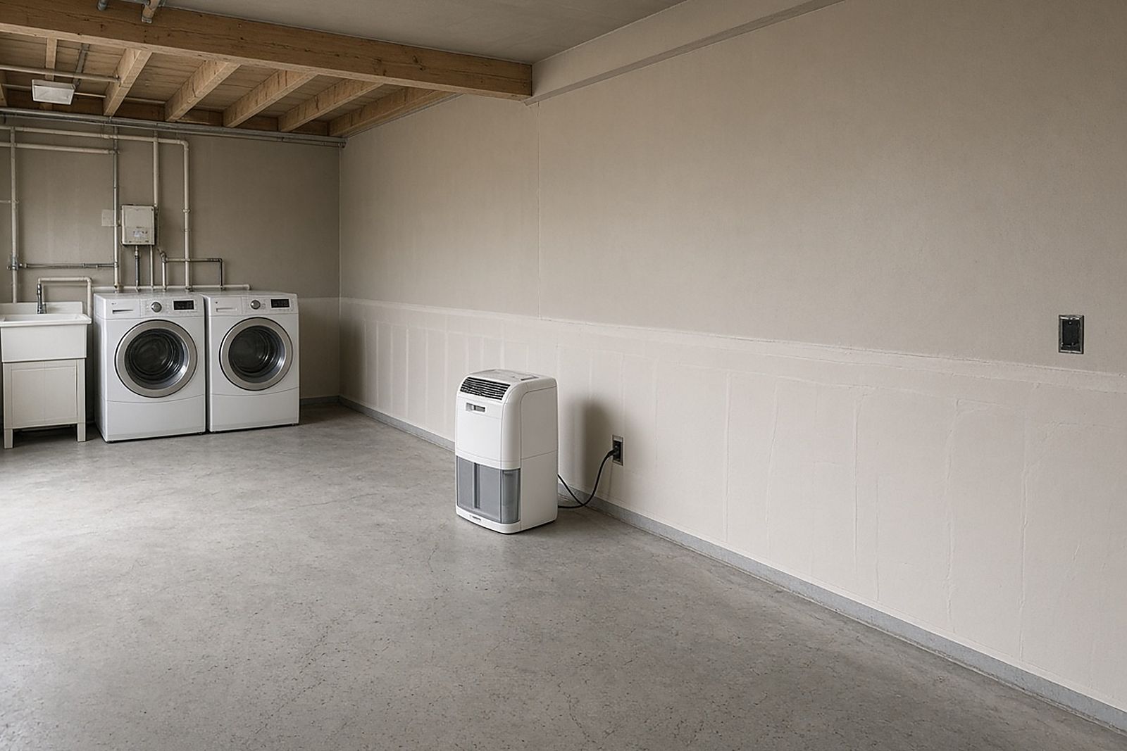 Dry, clean basement laundry area with new lower wall panels and a dehumidifier running