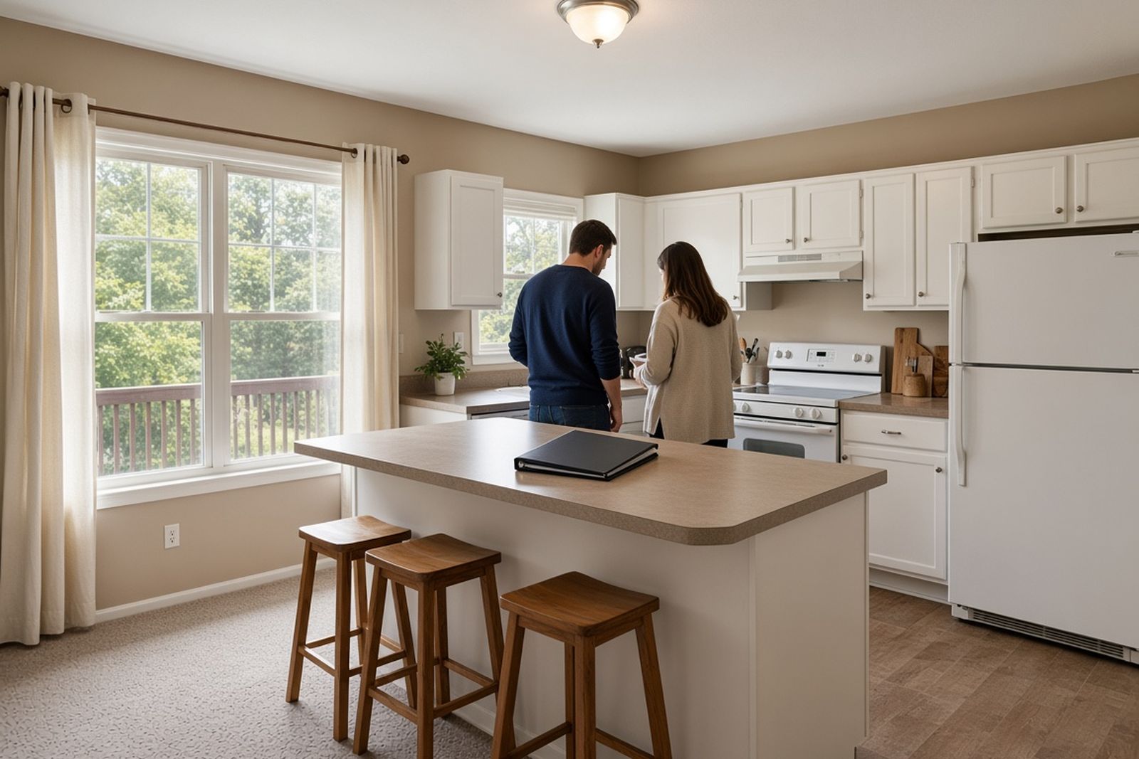Two people reviewing a bound report at a kitchen island in a clean, bright kitchen