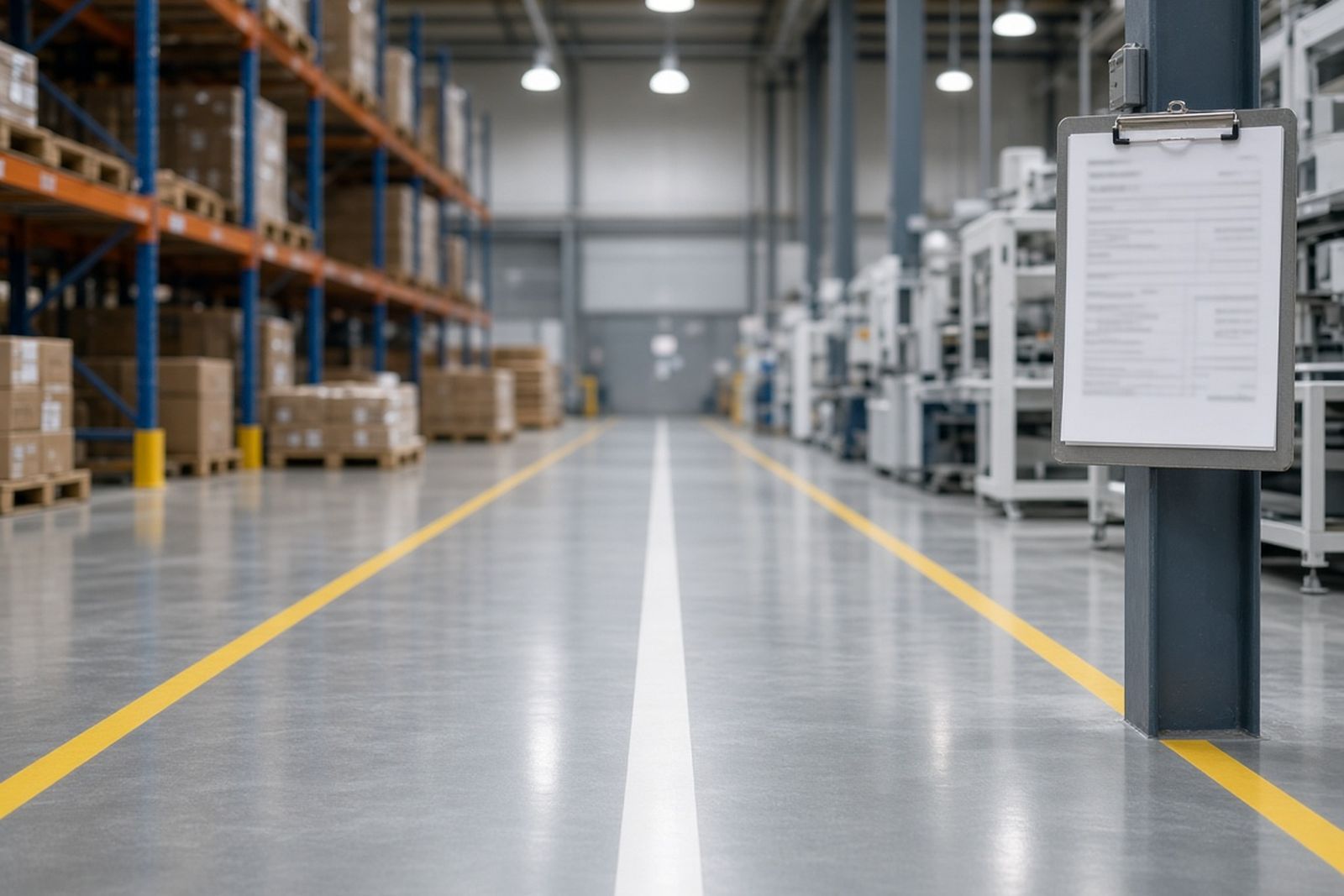 Clean warehouse aisle with fresh floor lines and a sign-off sheet clipped to a post