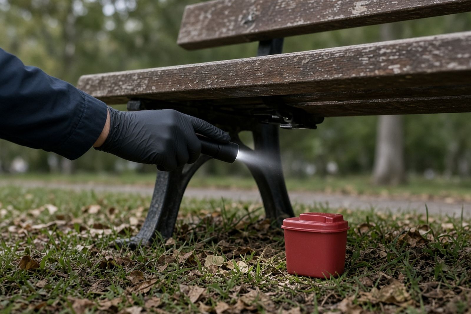 Gloved hand shining a flashlight under a park bench next to a red sharps container