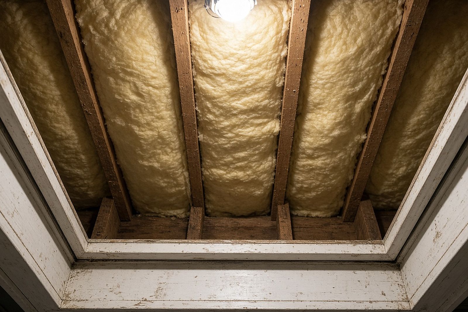 Attic with new insulation installed between the rafters, seen from the hatch
