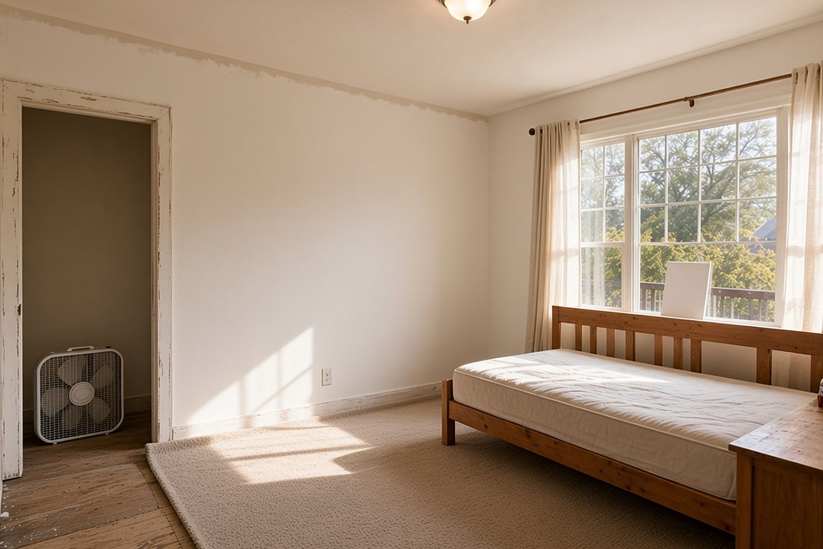 Bright bedroom after cleaning with a bed, open curtains and a box fan by the doorway