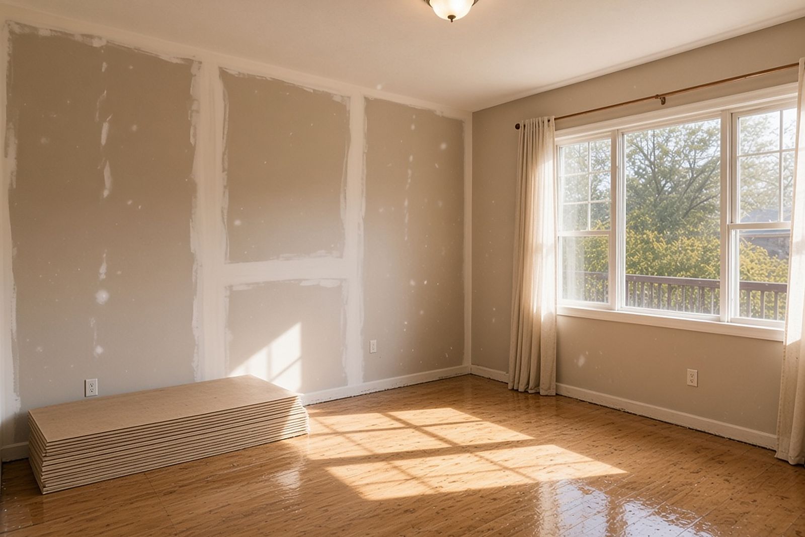 Room with fresh drywall patches, bare hardwood floor and new flooring panels stacked by the wall