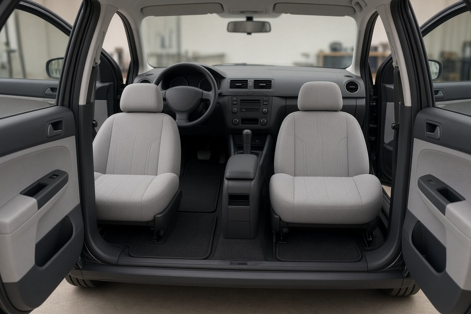Reassembled car interior with clean seats and floor, doors open to air out